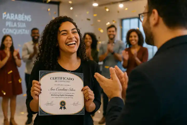 Aluno feliz com certificado